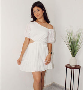 White Cut Out Puff Sleeve Dress